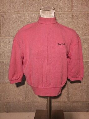 Vintage Thierry Mugler Pink Script Logo Mock Neck Keyhole Sweater M